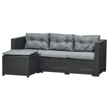 Outsunny Set Mobilier de Gradina Canapea cu 3 Locuri din Ratan PE si Suport pentru Picioare /Masuta, Perne cu husa detasabila, Neagra, Gri