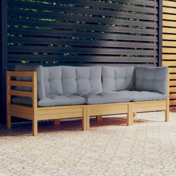 vidaXL Canapea de grădină cu 3 locuri, cu perne gri, lemn masiv pin