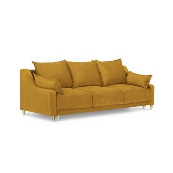 Canapea extensibila, Pansy, Mazzini Sofas, 3 locuri, cu lada de depozitare, 215x94x90 cm, catifea, galben