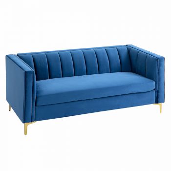 Canapea 3 locuri HOMCOM din catifea cu tapițerie și picioare aurii, cu brațe și pernă cu husă detașabilă, albastru, 181 x 86 x 78cm | Aosom RO