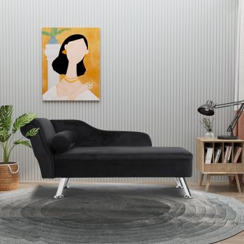 Homcom Canapea șezlong cu Pernă Rotundă din Flanel,Negru, 160x56x75cm