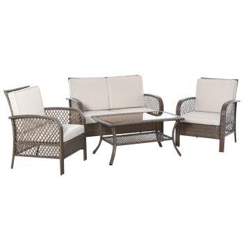 Outsunny Set Mobilier de Gradina din Ratan Maro, Set Masuta, Scaune si Canapea de Exterior 4 piese cu Perne Puf Kaki