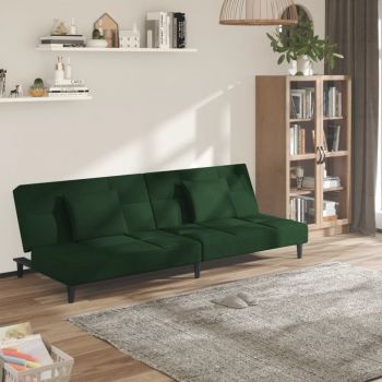 vidaXL Canapea extensibilă cu 2 locuri, 2 perne, verde închis, catifea