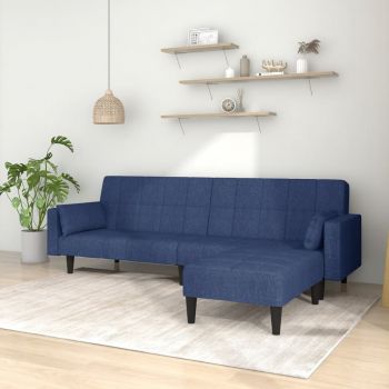 vidaXL Canapea extensibilă 2 locuri, 2 perne&taburet, albastru, textil