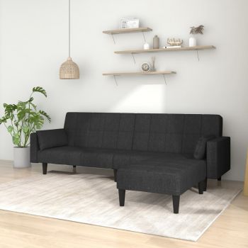 vidaXL Canapea extensibilă 2 locuri, 2 perne/taburet, negru, textil