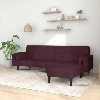 vidaXL Canapea extensibilă 2 locuri, 2 perne/taburet, violet, textil