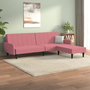 vidaXL Canapea extensibilă 2 locuri, cu taburet, roz, catifea