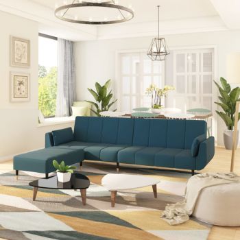 vidaXL Canapea extensibilă 2 locuri,taburet&2 perne,catifea,albastru