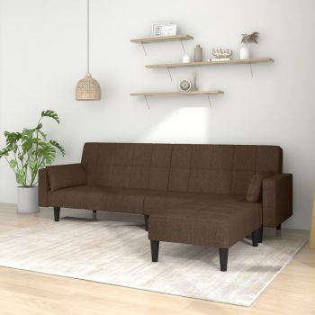 vidaXL Canapea extensibilă cu 2 locuri, 2 perne/taburet, maro, textil