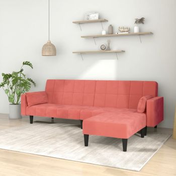 vidaXL Canapea extensibilă cu 2 locuri, 2 perne/taburet, roz, catifea