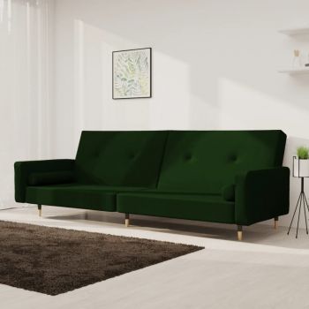 vidaXL Canapea extensibilă cu 2 locuri, 2 perne, verde închis, catifea