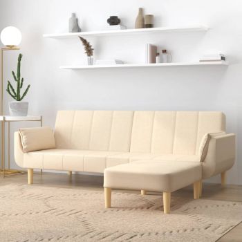 vidaXL Canapea extensibilă cu 2 locuri,taburet&2 perne,textil,crem