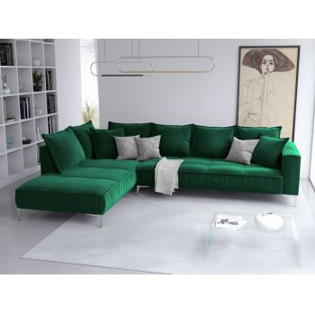 Coltar fix tapitat verde cu orientare customizabila si picioare metalice argintii Jardanite L296cm