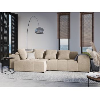 Coltar de 4 locuri tapitat cu catifea bej cu sezlong reversibil L320x160cm Margo