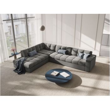 Coltar fix de 5 locuri tapitat cu catifea Gri deschis cu orientare customizabila L236cm Justin Limited Edition