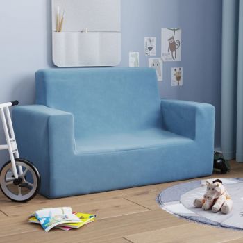 vidaXL Canapea pentru copii cu 2 locuri, albastru, pluș moale