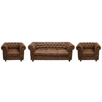 Set CHESTERFIELD 3-1-1, canapea extensibila 3 locuri si 2 fotolii fixe, maro