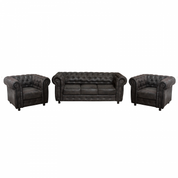 Set CHESTERFIELD 3-1-1, canapea extensibila 3 locuri si 2 fotolii fixe, negru la reducere