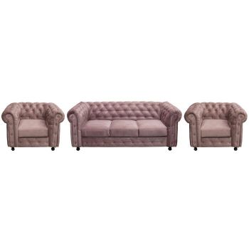 Set CHESTERFIELD 3-1-1, canapea extensibila 3 locuri si 2 fotolii fixe, roz prafuit