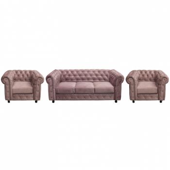 Set CHESTERFIELD 3-1-1, canapea extensibila 3 locuri si 2 fotolii fixe, roz prafuit