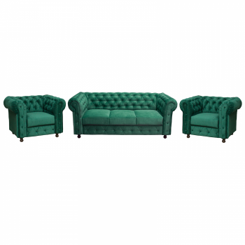 Set CHESTERFIELD 3-1-1, canapea  extensibila 3 locuri si 2 fotolii fixe, verde