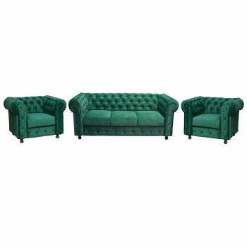 Set CHESTERFIELD 3-1-1, canapea extensibila 3 locuri si 2 fotolii fixe, verde