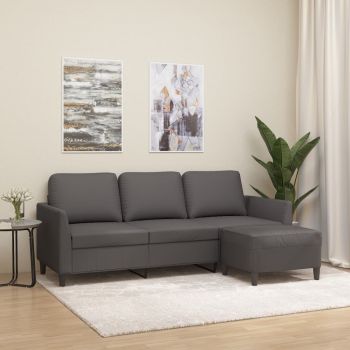 vidaXL Canapea cu 3 locuri și taburet, gri, 180 cm, piele ecologică