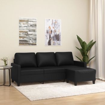 vidaXL Canapea cu 3 locuri și taburet, negru, 180 cm, piele ecologică