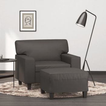vidaXL Fotoliu canapea cu taburet, gri, 60 cm, piele ecologică