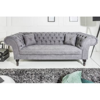 Canapea fixa tapitata cu Catifea texturata Gri deschis L225cm Paris Chesterfield