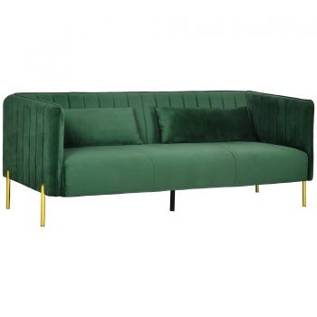 HOMCOM Canapea cu 3 locuri moderna, cu perne captusite, picioare din otel si tesatura catifelata, 195x88x76 cm, verde