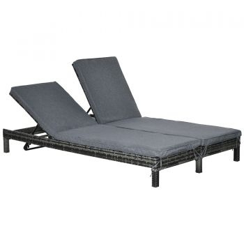 Set Sezlong cu 2 locuri Outsunny, PE Ratan, Cadru in otel, Gri 195x120x28cm | Aosom RO