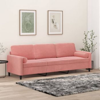 vidaXL Canapea cu 3 locuri cu perne&pernuțe, roz, 210 cm, catifea