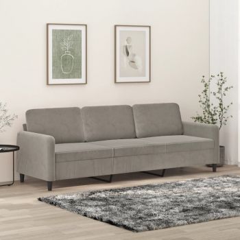 vidaXL Canapea cu 3 locuri, gri deschis, 210 cm, material catifea