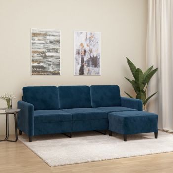vidaXL Canapea cu 3 locuri și taburet, albastru, 180 cm, catifea