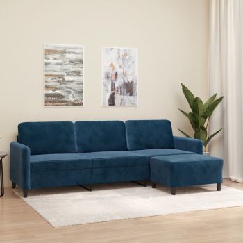 vidaXL Canapea cu 3 locuri și taburet, albastru, 210 cm, catifea