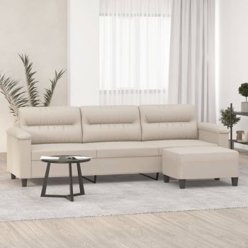 vidaXL Canapea cu 3 locuri și taburet, crem, 210 cm, microfibră