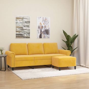 vidaXL Canapea cu 3 locuri și taburet, galben deschis, 180 cm, catifea