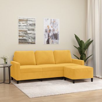 vidaXL Canapea cu 3 locuri și taburet, galben deschis, 180 cm, catifea
