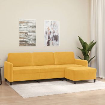 vidaXL Canapea cu 3 locuri și taburet, galben deschis, 210 cm, catifea