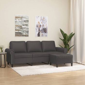 vidaXL Canapea cu 3 locuri și taburet, gri, 180 cm, piele ecologică