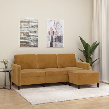 vidaXL Canapea cu 3 locuri și taburet, maro, 180 cm, catifea