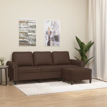 vidaXL Canapea cu 3 locuri și taburet, maro, 180 cm, piele ecologică