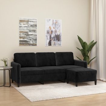 vidaXL Canapea cu 3 locuri și taburet, negru, 180 cm, catifea