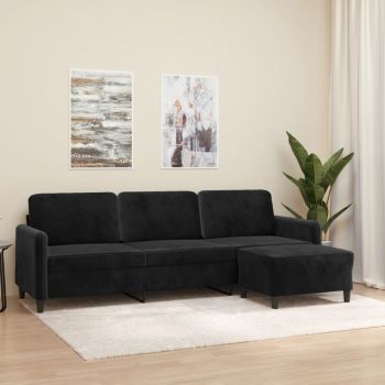 vidaXL Canapea cu 3 locuri și taburet, negru, 210 cm, catifea