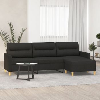 vidaXL Canapea cu 3 locuri și taburet, negru, 210 cm, textil