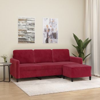 vidaXL Canapea cu 3 locuri și taburet, roșu vin, 180 cm, catifea