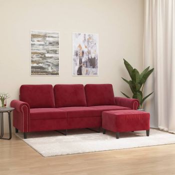 vidaXL Canapea cu 3 locuri și taburet, roșu vin, 180 cm, catifea