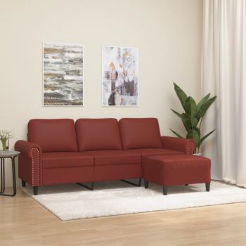 vidaXL Canapea cu 3 locuri și taburet, roșu vin 180 cm piele ecologică