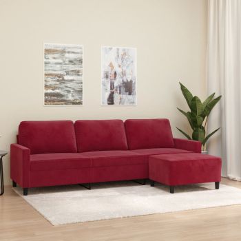 vidaXL Canapea cu 3 locuri și taburet, roșu vin, 210 cm, catifea